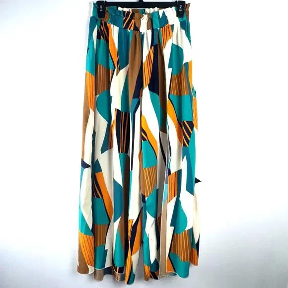 Shein Curve Women Slit Wide Leg Geometric Pants X-Large Brown Causal Work Flowy - Picture 2 of 9